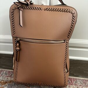 Calpak kata 15 Backpack in Carmel with lap top sleeve and luggage sling.